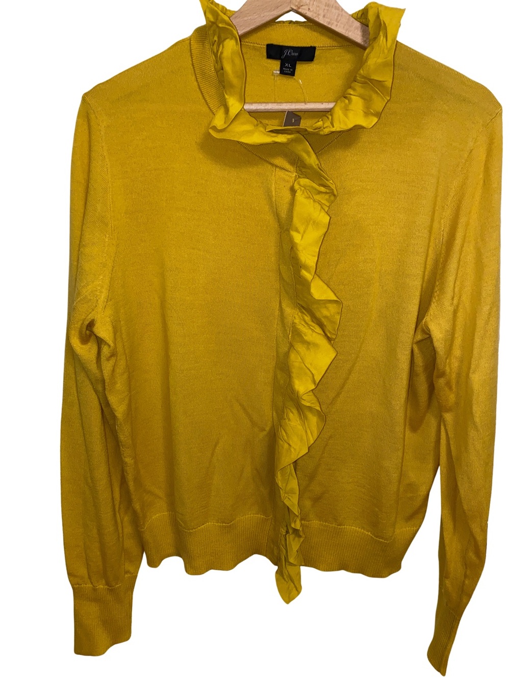 NWT J. Crew Mustard 100% Merino Wool Ruffle-Front Crewneck Sweater